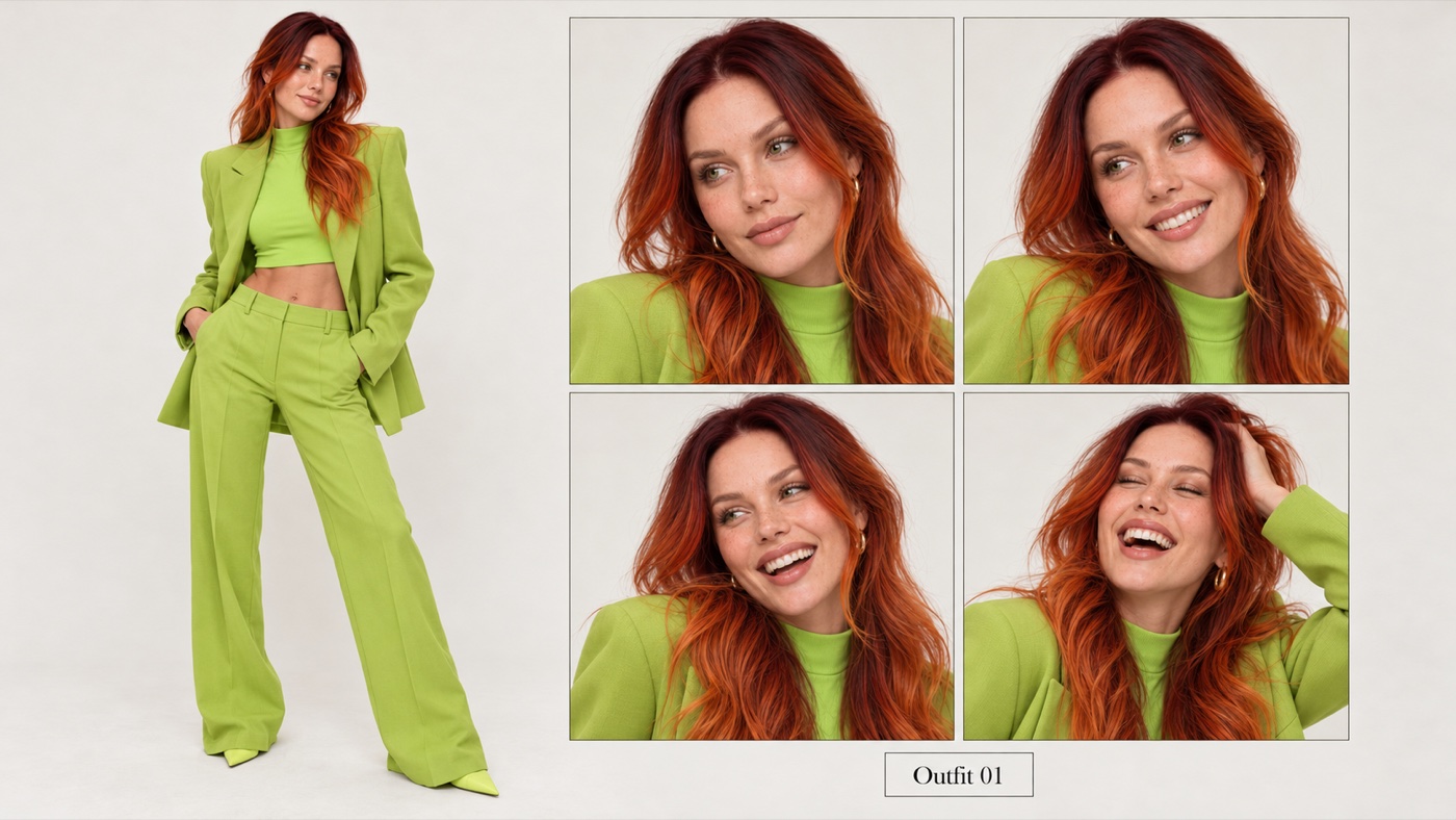 A character sheet of a woman with long wavy copper red hair and freckles in an oversized lime green blazer, lime crop top and wide lime trousers. On the right, four portraits show her smiling and laughing, one with her hand in her hair.