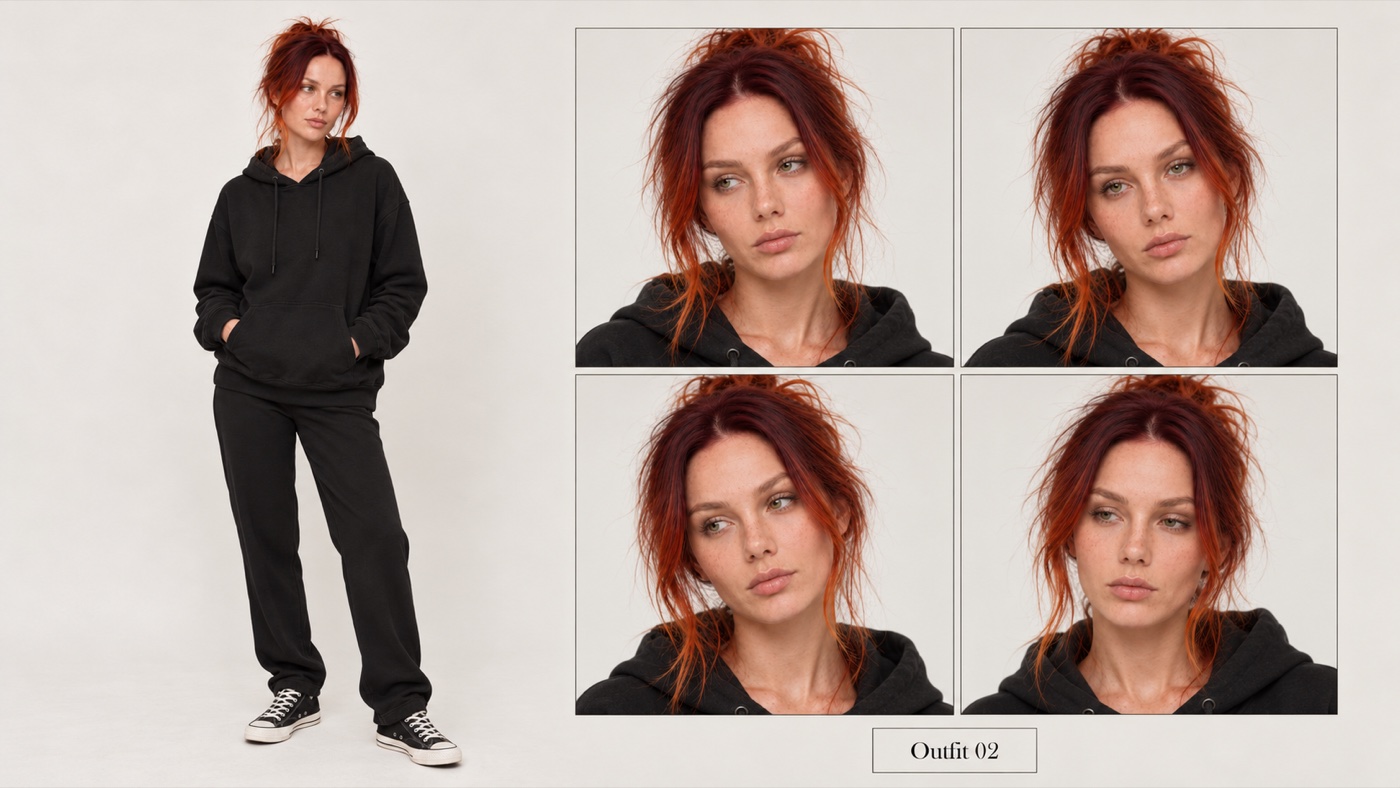 A character sheet of the same woman with copper red hair in a messy high bun, wearing a black hoodie, black sweatpants and black sneakers. On the right, four portraits show her with an empty, tired face and no smile.