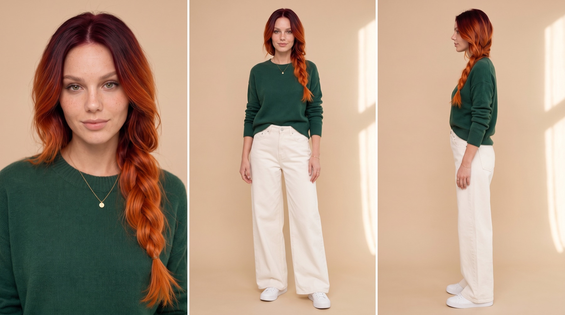A three panel character sheet of a woman with green eyes, freckles and long hair that is dark wine red at the roots and bright copper orange at the ends, worn in a loose braid. She wears a forest green knit sweater, cream wide leg jeans, white sneakers and a thin gold coin necklace. Left a close portrait, centre a full body front view, right a full body side profile.