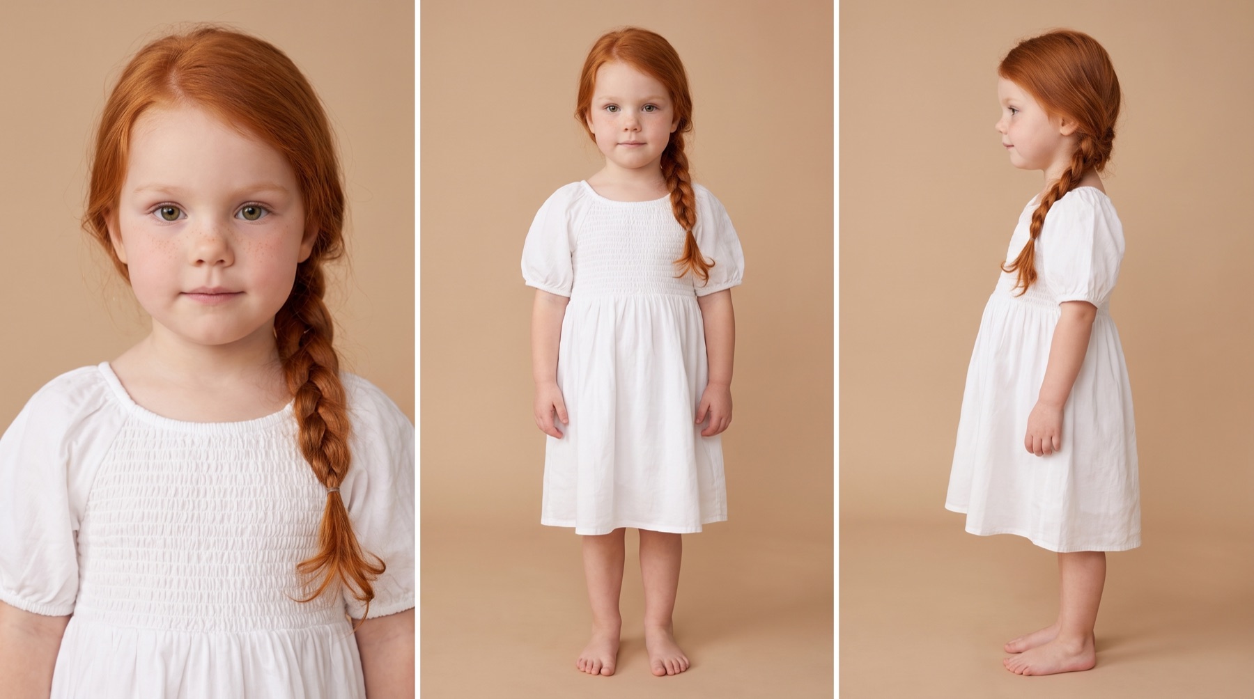A three panel character sheet of a four year old girl with bright copper red hair in a loose braid, green eyes and freckles, in a white smocked cotton dress with puff sleeves, barefoot. Left a close portrait, centre a full body front view, right a full body side profile.