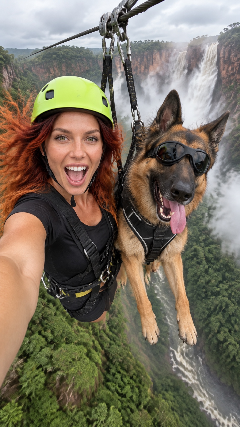 An action-camera selfie of a smiling woman with long red hair in a lime-green climbing helmet and a black harness, shouting with joy. Next to her a full-size German Shepherd in dark dog goggles and a black harness hangs from the same zipline pulley, tongue out. Behind them a wide waterfall pours into a jungle canyon with red rock walls and a white river far below.